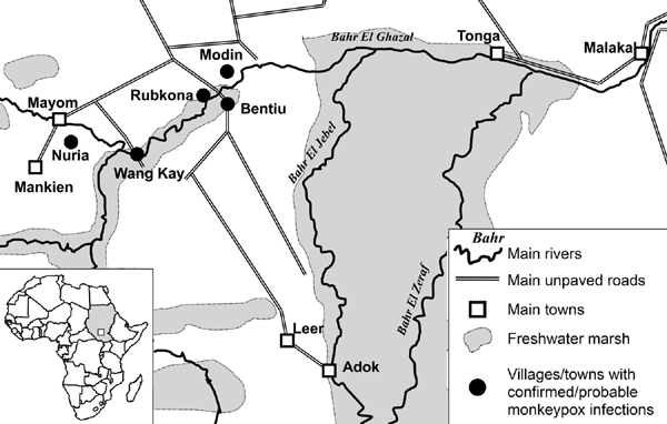 Geographic distribution of cases of human monkeypox virus infection in Unity State, Sudan, 2005. Inset shows location of Sudan (gray shading) and area of consideration within Unity State (white box).