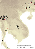 Thumbnail of Spatial distribution of sampling sites for Penicillium marneffei, Guangxi Province, People’s Republic of China. 1, Bose; 2, Hechi; 3, Nanning; 4, Liuzhou; 5, Guigang; 6, Guiling; 7, Luchan; 8, Hezhou; Black signifies origin of human-associated isolates, and red signifies origin of bamboo rat–associated isolates; both types were found in some sites.