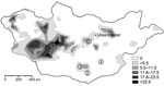 Thumbnail of Yersina pestis in rodents in Mongolia. Shaded areas show the known distribution of enzootic plague in Mongolia during 1948–1999 (V. Batsaikhan, J. Myagmar, G. Bolormaa, National Center for Infectious Diseases with Natural Foci, Ulanbaatar, Mongolia; pers. comm.). The following 133 rodents were investigated: gerbils (Meriones unguiculatus, 61; M. meridianus, 25; Rhombomys opimus, 17); jerboas (Allactaga sibirica, 6; Stylodipus telum, 1; Dipus sagitta, 4; Cardiocranius paradoxus, 1),