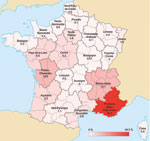 Thumbnail of Geographic distribution of acute Q fever cases, France, 2000–2009. Values and scale bar indicate % prevalence.