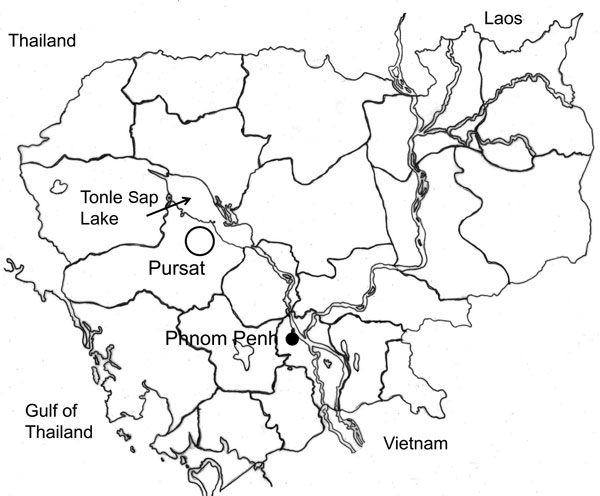 Surveyed area (circle) near Tonle Sap Lake, Pursat Province, Cambodia.