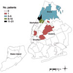 Thumbnail of Residences of patients (n = 54) at time of tuberculosis diagnosis, by neighborhood, New York, New York, USA, 2003–2009. Forty-two neighborhoods were designated by the United Hospital Fund. Each neighborhood is defined by several adjoining ZIP codes (www.nyc.gov/html/doh/html/epi/mapgallery.shtml).