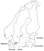 Thumbnail of Collection locations for rodents and shrews tested for Candidatus Neoehrlichia mikurensis and Bartonella spp. infections, southern Sweden, 2008. Prevalence of infection: Häglinge, n = 45 infections, 0% Candidatus N. mikurensis, 44.4% Bartonella spp.; Revinge, n = 623 infections, 9.3% Candidatus N. mikurensis, 33.7% Bartonella spp.; Istaby, n = 53 infections, 3.8% Candidatus N. mikurensis, 34% Bartonella spp.; Hemmeströ, n = 64 infections, 4.7% Candidatus N. mikurensis, 39.1% Bartone