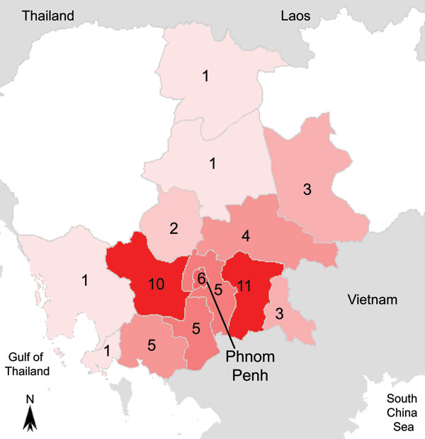 Map of Cambodia with geographic origin of the 58 patients with melioidosis diagnosed during July 1, 2007–January 31, 2010.