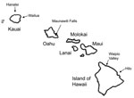 Thumbnail of Exposure locations associated with the greatest number of leptospirosis cases, Hawaii, USA, 1999–2008.