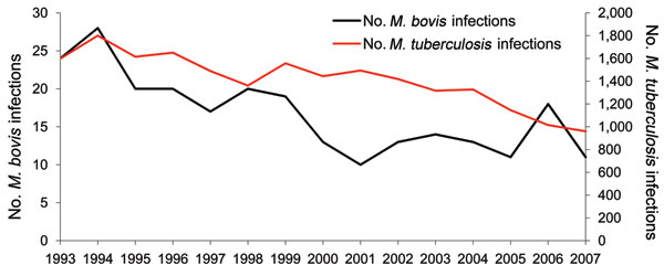 Mycobacterium tuberculosis and M. bovis infections, the Netherlands, 1993–2007. Data derived from the National Institute for Public Health and the Environment (RIVM) database.