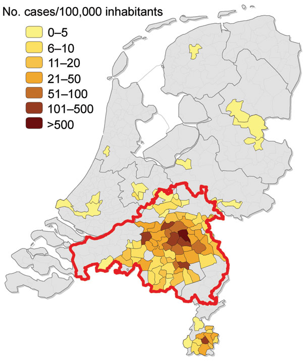 Density of 1,133 reported cases of acute Q fever in humans per municipality, the Netherlands, January 1–June 10, 2009. Area outlined in red is where vaccination of dairy goats and sheep was mandatory in 2009 (Noord Brabant Province and parts of adjacent provinces). Data were obtained from the National Institute for Public Health and the Environment, Statistics Netherlands, the Food and Consumer Product Safety Authority, and the Ministry of Agriculture, Nature and Food Quality.