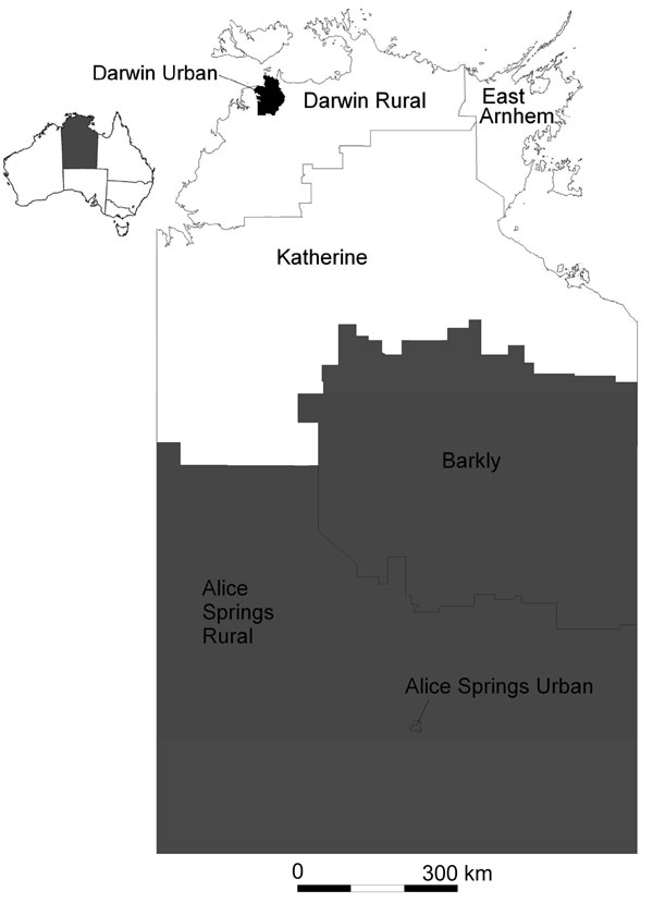 Health districts, by study region, in a study of differential effects of pandemic (H1N1) 2009 on remote and indigenous groups, Northern Territory, Australia, September 2009. Black, Urban Darwin; white, Rural Top End; gray, Central Australia. Inset: Location of the Northern Territory in Australia.