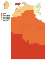 Thumbnail of Postpandemic proportion immune by statistical subdivision in a study of differential effects of pandemic (H1N1) 2009 on remote and indigenous groups, Northern Territory, Australia, September 2009. Inset represents Urban Darwin.