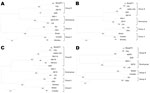 Thumbnail of Phylogenetic trees for A) viral protein (VP) 4, B) VP6, C) VP7, and D) nonstructural protein 4 genes of group A, B, and C rotaviruses, a novel group of human rotaviruses, and porcine rotavirus strain SKA-1. Scale bars indicate nucleotide substitutions per site.