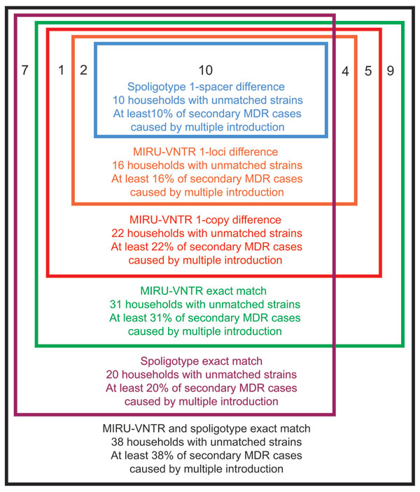Numbers of households classified as having multiple multidrug-resistant (MDR) tuberculosis introductions by 6 definitions of matching genotypes, Lima, Peru, 1996–2004. MIRU-VNTR, mycobacterial interspersed repetitive unit–variable number tandem repeat.