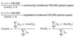 Thumbnail of Equations used for calculation of community and outpatient incidence of each pathogen in patients with acute gastroenteritis (AGE), Kaiser Foundation Health Plan of Georgia, Inc., USA, March 15, 2004–March 13, 2005. Pi, prevalence of pathogen i in stool samples; S, total no. stool samples submitted; ComSSi, pathogen-specific fecal specimen submission rates among all respondents with AGE; N, total Kaiser membership; OutSSi, pathogen-specific fecal specimen submission rates among thos