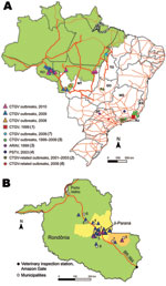 Thumbnail of Location of vaccinia virus Cantagalo strain (CTGV)–related outbreaks. A) Brazilian states where CTGV-related outbreaks have been reported. RJ, Rio de Janeiro; SP, São Paulo; ES, Espírito Santo; MG, Minas Gerais; GO, Goiás; TO, Tocantins; MT, Mato Grosso; RO, Rondônia. B) An enlarged map of Rondônia showing the location of the outbreaks along highway BR-364. The 2 largest dairy regions and the municipalities referred in this article are also shown: 1, Ouro Preto D’Oeste; 2, Teixeiróp