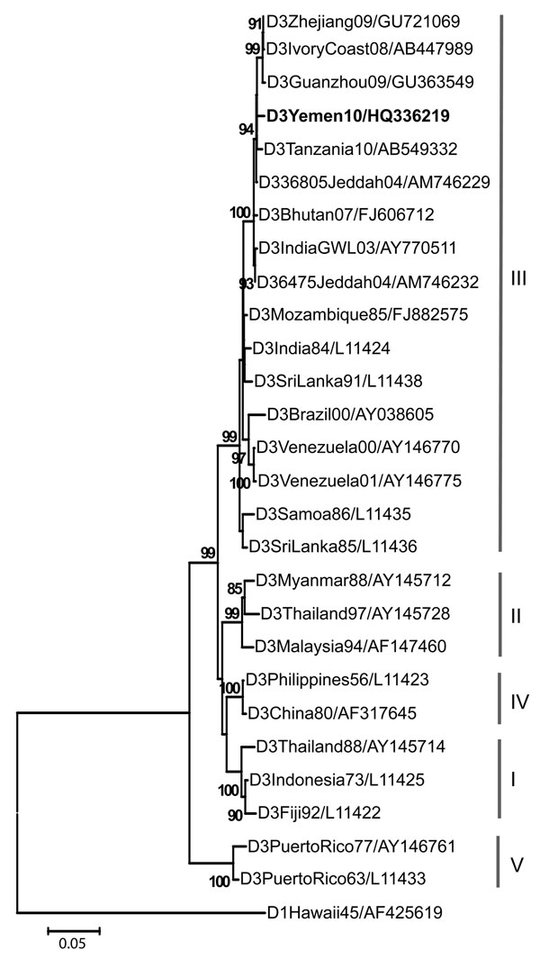 Neighbor-joining phylogenetic tree based on complete envelope gene sequences of dengue virus (DENV) serotype 3 virus, rooted with DENV-1. Bootstrap support values &gt;80 are shown. Boldface indicates the 2010 isolate from Yemen. Scale bar represents nucleotide substitutions per site. Virus abbreviations are dengue virus type/origin/year/GenBank accession number.