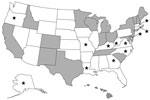 Thumbnail of CaliciNet participating states (gray), nonparticipating states (white), and 12 states that submitted norovirus-positive specimens to Centers for Disease Control and Prevention for P2 analysis (stars).