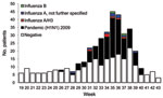 Thumbnail of Influenza status of patients seen at sentinel general practices, Victoria, Australia, May 3 (week 19) through October 24 (week 43), 2010.