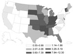 Thumbnail of Geographic distribution of histoplasmosis in persons &gt;65 years of age, United States, 1999–2008. Values are no. cases/100,000 person-years.