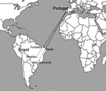 Thumbnail of Commercial air transport routes between Lisbon, Portugal, and cities in Brazil that could make possible the accidental importation into Europe of Lutzomyia longipalpis sand flies, a vector of visceral leishmaniasis.