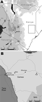Thumbnail of Location of Garissa District (A, box) in North Eastern Province, Kenya, and tick collection sites (B).