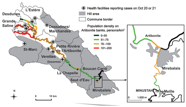 Location of health centers reporting cholera cases in communes along the Artibonite River on October 20, 2010, Haiti. MINUSTAH, United Nations Stabilization Mission in Haiti.