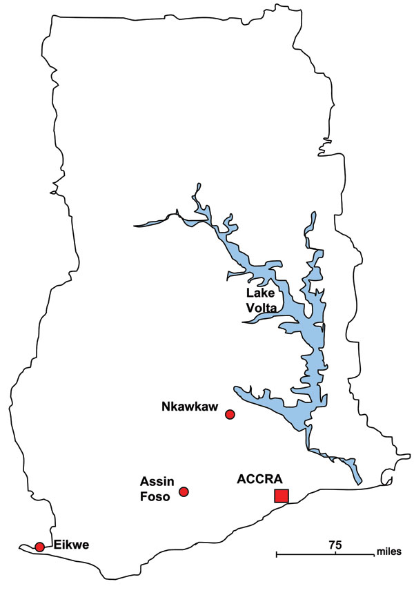 Location of populations in a study of bacteremia and antimicrobial drug resistance over time, Ghana.