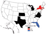 Thumbnail of Geographic distribution of cholera cases in the United States associated with Hispaniola, October 21, 2010–April 4, 2011.