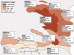 Thumbnail of Distribution of cases of cholera among departments in Haiti, October 2010–January 16, 2011. Department population, earliest known date of confirmed case, and number of hospitalizations and deaths are indicated. Totals for Haiti: population, 9,923,243; cholera cases, 194,095; hospitalizations, 109,015; deaths: 3,889. Port-au-Prince includes the following communes: Carrefour, Cité Soleil, Delmas, Kenscoff, Petion-Ville, Port-au-Prince, and Tabarre. Data sources: Ministère de la Santé 