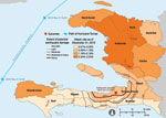 Thumbnail of Administrative departments of Haiti affected by the earthquake of January 12, 2010; the path of Hurricane Tomas, November 5–6, 2010; and cumulative cholera incidence by department as of December 28, 2010.