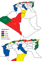 Thumbnail of Seroprevalence of bluetongue virus in cattle, sheep, goats, and camels, by province (wilaya), Algeria, 2008. A) Entire country; B) Northern Algeria. 1, Aïn Témouchent; 2, Algiers; 3, Annaba; 4, Béjaïa; 5, Blida; 6, Boumerdès; 7, Chlef; 8, El Tarf; 9, Jijel; 10, Mostaganem; 11, Naama; 12, Oran; 13, Skikda; 14, Souk Ahras; 15, Tébessa; 16, Tipasa; 17, Tizi Ouzou; 18, Tlemcem.