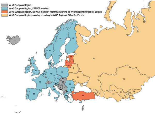 Diphtheria Surveillance Network (DIPNET) and World Health Organization (WHO) European Region countries. 1, Albania; 2, Andorra; 3, Armenia; 4, Austria; 5, Azerbaijan; 6, Belarus; 7, Belgium; 8, Bosnia and Herzegovina; 9, Bulgaria; 10, Croatia; 11, Cyprus; 12, Czech Republic; 13, Denmark; 14, Estonia; 15, Finland; 16, France; 17, Georgia; 18, Germany; 19, Greece; 20, Hungary; 21, Iceland; 22, Ireland; 23, Israel (neighboring countries not shown); 24, Italy, 25; Kazakhstan; 26, Kyrgyzstan; 27, Lat