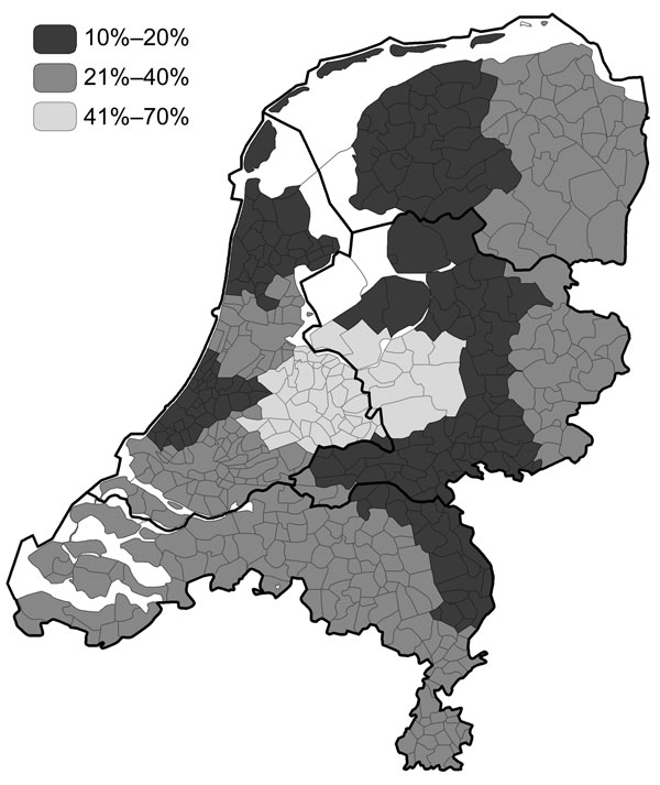Regional reduction (in percentage) of campylobacteriosis (March–December 2003) following the Public Health Laboratory regions borders, with the outlines of the 4 clusters of provinces.