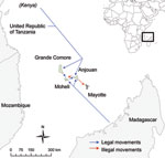 Thumbnail of Potential legal and illegal movements of animals around the Comoros and Mayotte.