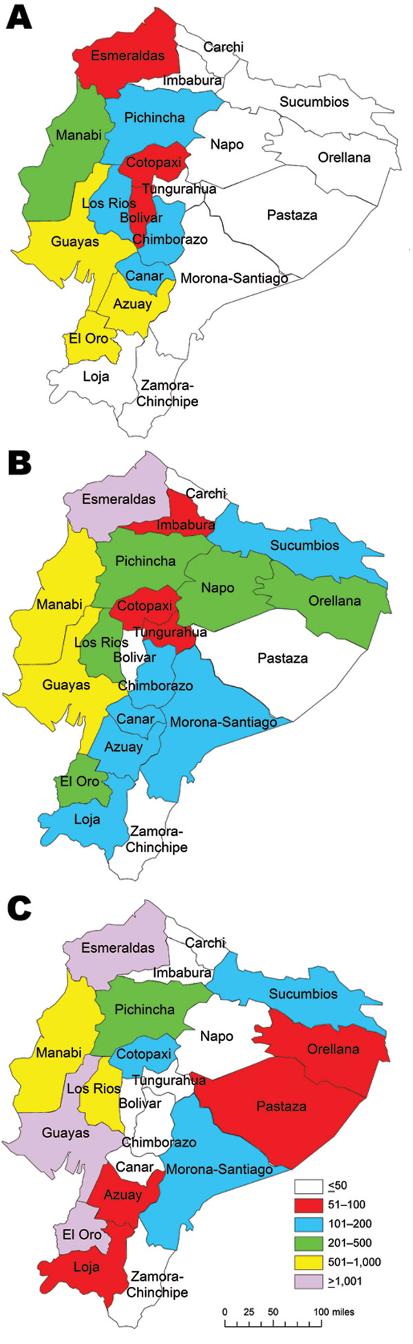 Number of hospital admissions for malaria in each province of Ecuador in peak malaria years of A) 1969, B) 1990, and C) 2000. Data were obtained from the Instituto de Nacional Estatisticas y Censos (38).