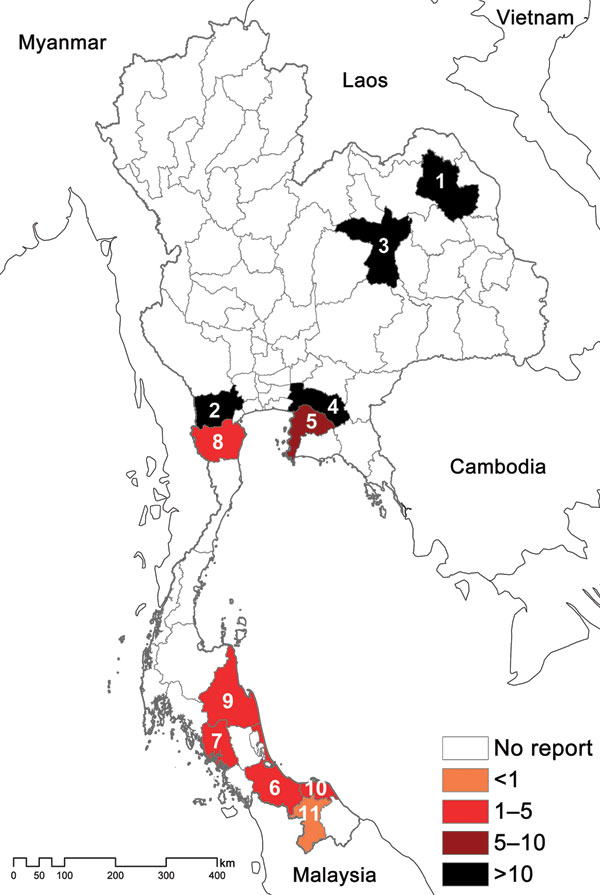 Map of estimated incidence rates for goat melioidosis, Thailand, 2006–2010. Provincial codes: 1, Sakon Nakhon; 2, Ratchaburi; 3, Khon Kaen; 4, Chachoengsao; 5, Chonburi; 6, Songkhla; 7, Trang; 8, Phetchaburi; 9, Nakhon Si Thammarat; 10, Patthani; 11, Yala. Provinces are ordered by estimated incidence of goat melioidosis.
