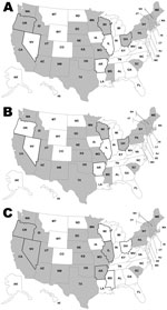 Thumbnail of Legal status of nonpasteurized dairy product sale or distribution, by state, United States, for A) 1993, B) 1999, and C) 2006. Gray shading indicates states where nonpasteurized dairy product sale or distribution was permitted. States outlined in black changed legal status during the study period.