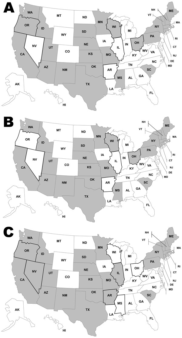Legal status of nonpasteurized dairy product sale or distribution, by state, United States, for A) 1993, B) 1999, and C) 2006. Gray shading indicates states where nonpasteurized dairy product sale or distribution was permitted. States outlined in black changed legal status during the study period.