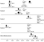 Thumbnail of Timing and characteristics of patients and contacts in a study using the multilocus variable-number tandem repeat (MLVA) typing method to show evidence of clonal spread of a unique strain of Mycoplasma pneumoniae among children attending a French primary school and their household contacts. Dates correspond to the date of specimen collection during December 30, 2010–February 1, 2011. Figures shapes indicate affected children, by age in years; white house shapes indicate asymptomatic
