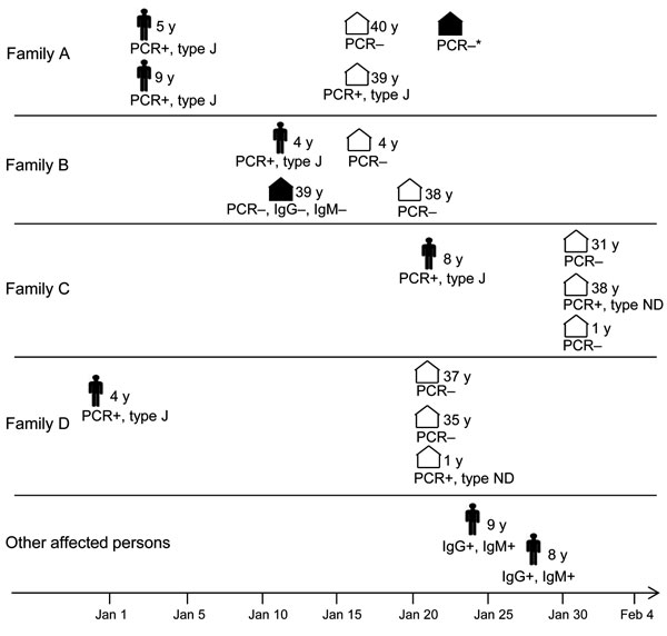 Timing and characteristics of patients and contacts in a study using the multilocus variable-number tandem repeat (MLVA) typing method to show evidence of clonal spread of a unique strain of Mycoplasma pneumoniae among children attending a French primary school and their household contacts. Dates correspond to the date of specimen collection during December 30, 2010–February 1, 2011. Figures shapes indicate affected children, by age in years; white house shapes indicate asymptomatic household co