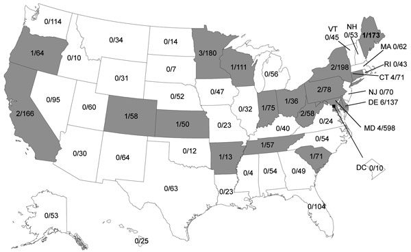 Geographic distribution of oseltamivir-resistant pandemic (H1N1) 2009 viruses in the United States, October 1, 2010–July 31, 2011. Numerators are number of oseltamivir-resistant viruses identified by state public health laboratories; denominators are number of pandemic (H1N1) 2009–positive specimens submitted by each state for susceptibility testing. Gray shading indicates states that had &gt;1 infection with oseltamivir-resistant virus.