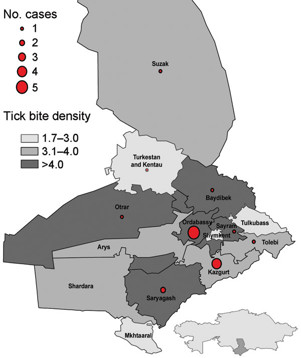 Crimean-Congo hemorrhagic fever cases and tick bite density per 1,000 persons, by rayon, Southern Kazakhstan Oblast, Kazakhstan, 2010.