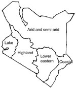 Thumbnail of Geographic/climatic regions as defined in a study of the genetic relatedness of O1 Vibrio cholerae isolates, Kenya, January 2009–May 2010.