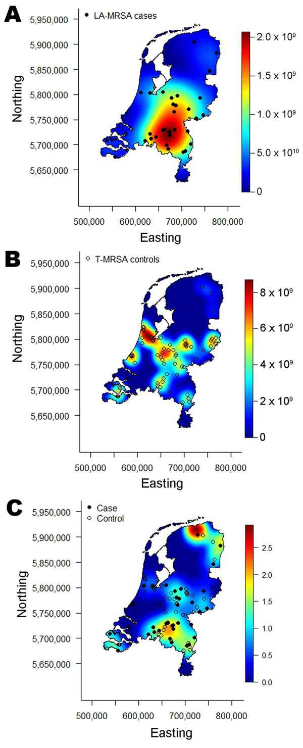 A) Spatial intensity of case-patients with livestock-associated methicillin-resistant Staphylococcus aureus (LA-MRSA); B) spatial Intensity of controls with typeable MRSA (T-MRSA); and C) calculated spatial odds for LA-MRSA compared with those for T-MRSA, the Netherlands, 2003–2005.