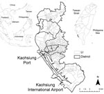 Thumbnail of Kaohsiung City, Taiwan (22°38′N, 120°16′E), indicating the 11 districts and 463 administrative units (Li) of the city as well as the main entry points for international travel and commerce. Insets show location of Taiwan in southeast Asia (box) and of Kaohsiung City in Taiwan (gray shading).