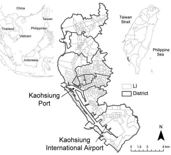 Kaohsiung City, Taiwan (22°38′N, 120°16′E), indicating the 11 districts and 463 administrative units (Li) of the city as well as the main entry points for international travel and commerce. Insets show location of Taiwan in southeast Asia (box) and of Kaohsiung City in Taiwan (gray shading).