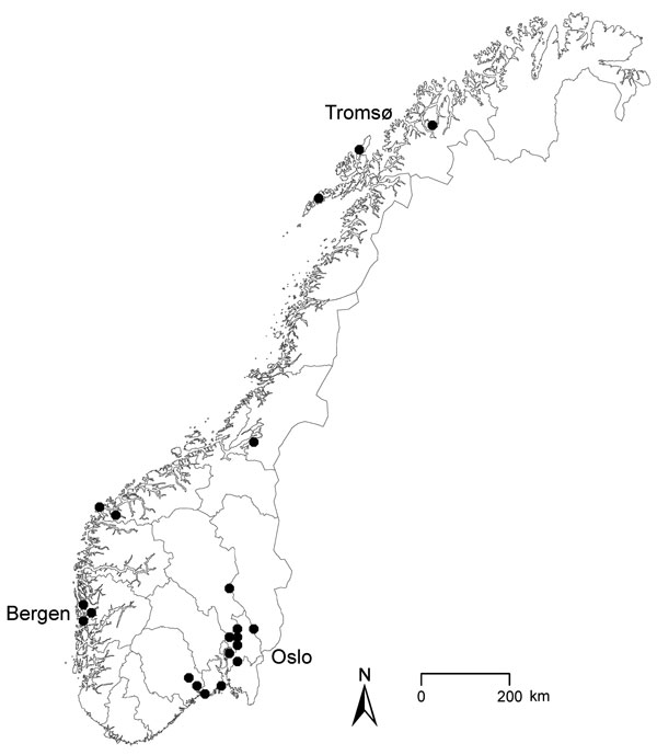 Geographic distribution of 21 outbreak cases of Yersinia enterocolitica O:9 infection, Norway, February–April 2011. Scale bar represents 100 kilometers.