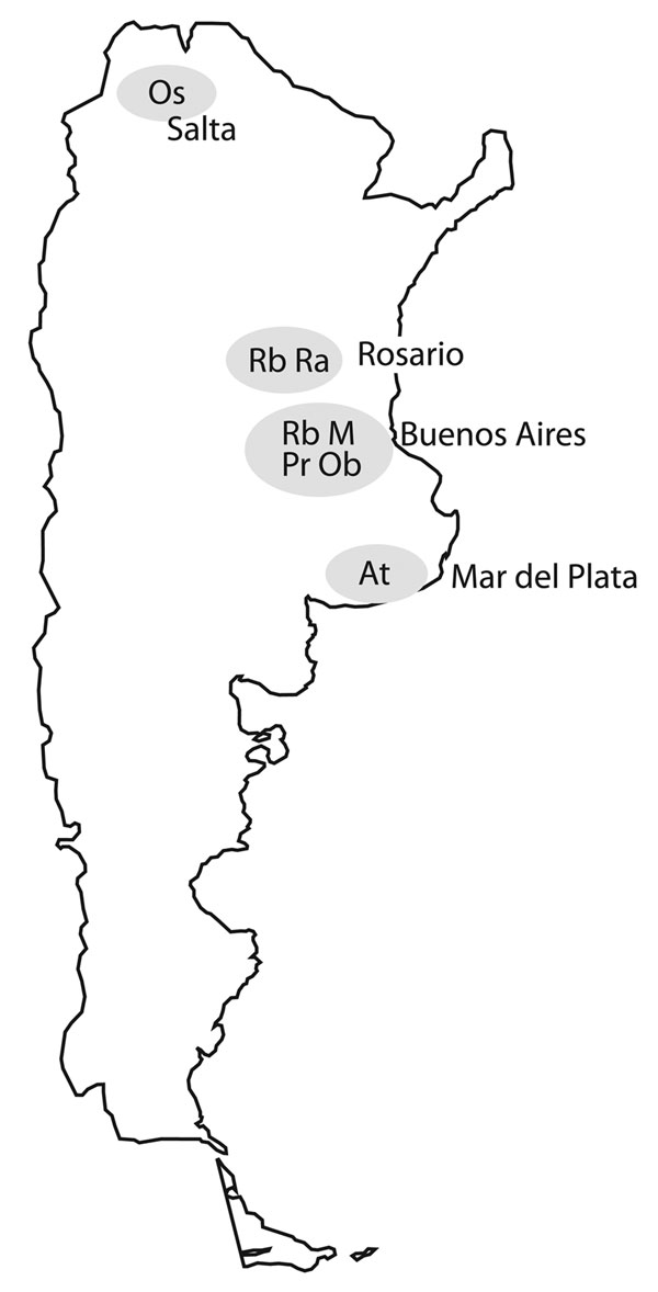 Locations of 7 major multidrug-resistant tuberculosis clusters, labeled by strain type, Argentina, 2003–2009.