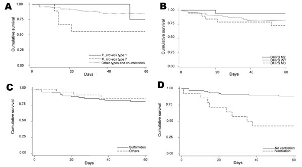 Kaplan-Meier survival plots for 4 variables of 112 Pneumocystis pneumonia cases. A) p = 0.08; B) p = 0.35; C) p = 0.60; D) p = 0.0001. DHPS, dihydropteroate synthase.