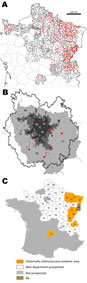 Thumbnail of Fox locations (A, B) and department map (C), France, 2005–2010. Numbers in B and C are department national identification numbers. Panel B shows a close-up view of the departments of the Paris conurbation. Red circle, Echinococcosus multilocularis–positive fox; white circle, E. multilocularis–negative fox; dark gray, area totally urbanized (75 is Paris intra muros); medium gray, area intensively urbanized; light gray, periurban landscapes. C) Department 68 belongs to the historicall