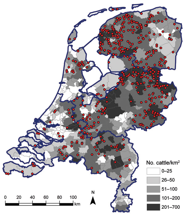 Geographic distribution of dairy herds from which 1–4 animals were sampled (red dots) in study of Schmallenberg virus seroprevalence, the Netherlands, 2011–2012. Cattle density is indicated by gray shading; blue outlines denote regional borders.