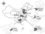 Thumbnail of Location and population of 4 prefectures in China in which active population and sentinel laboratory–based surveillance for bacterial meningitis pathogens was conducted through the Acute Meningitis and Encephalitis Syndrome Surveillance System during September 2006�?"December 2009. The province in which each prefecture is located is indicated on the main map.